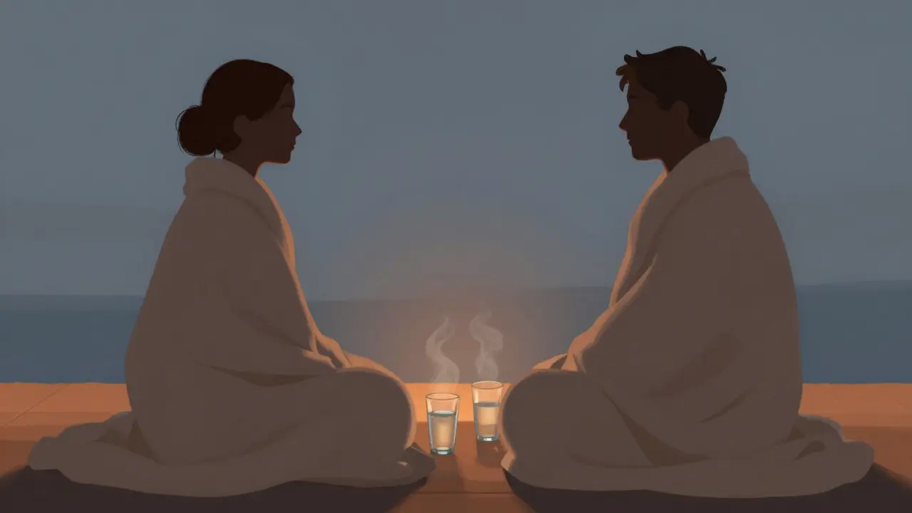 Couple wrapped in blankets sharing water, depicting peace and aftercare.