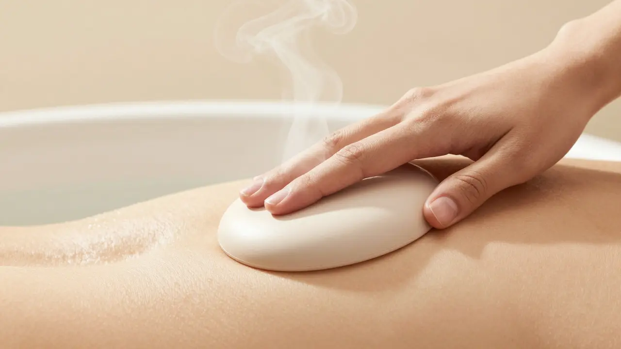 Hand touching a smooth wellness device in a spa-like scene