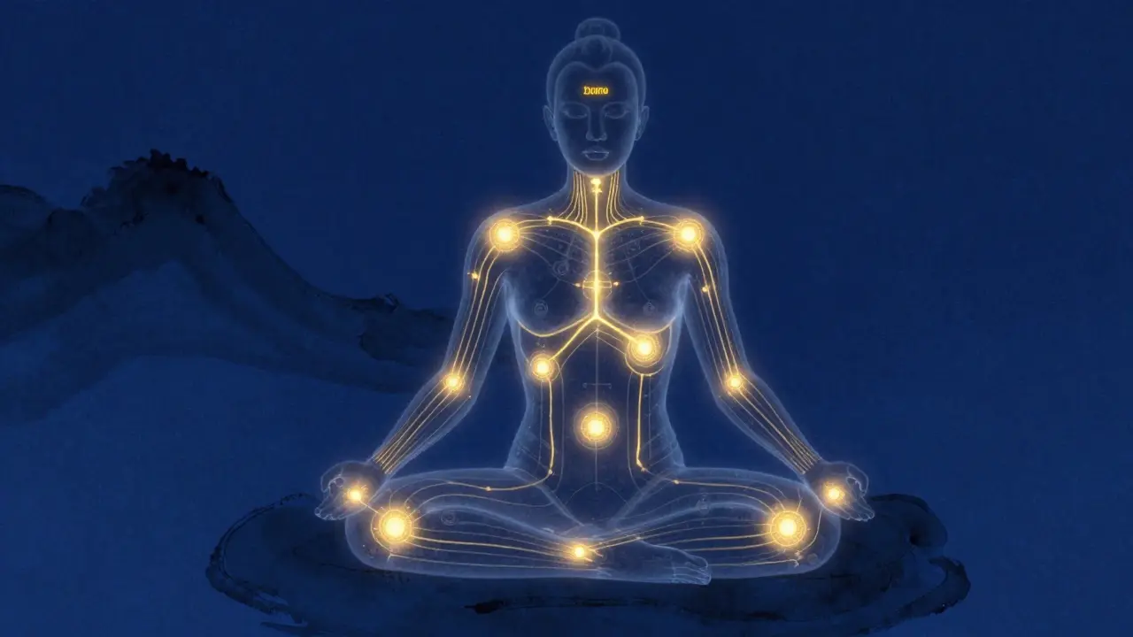 Illustration of glowing energy meridians flowing through a meditating figure