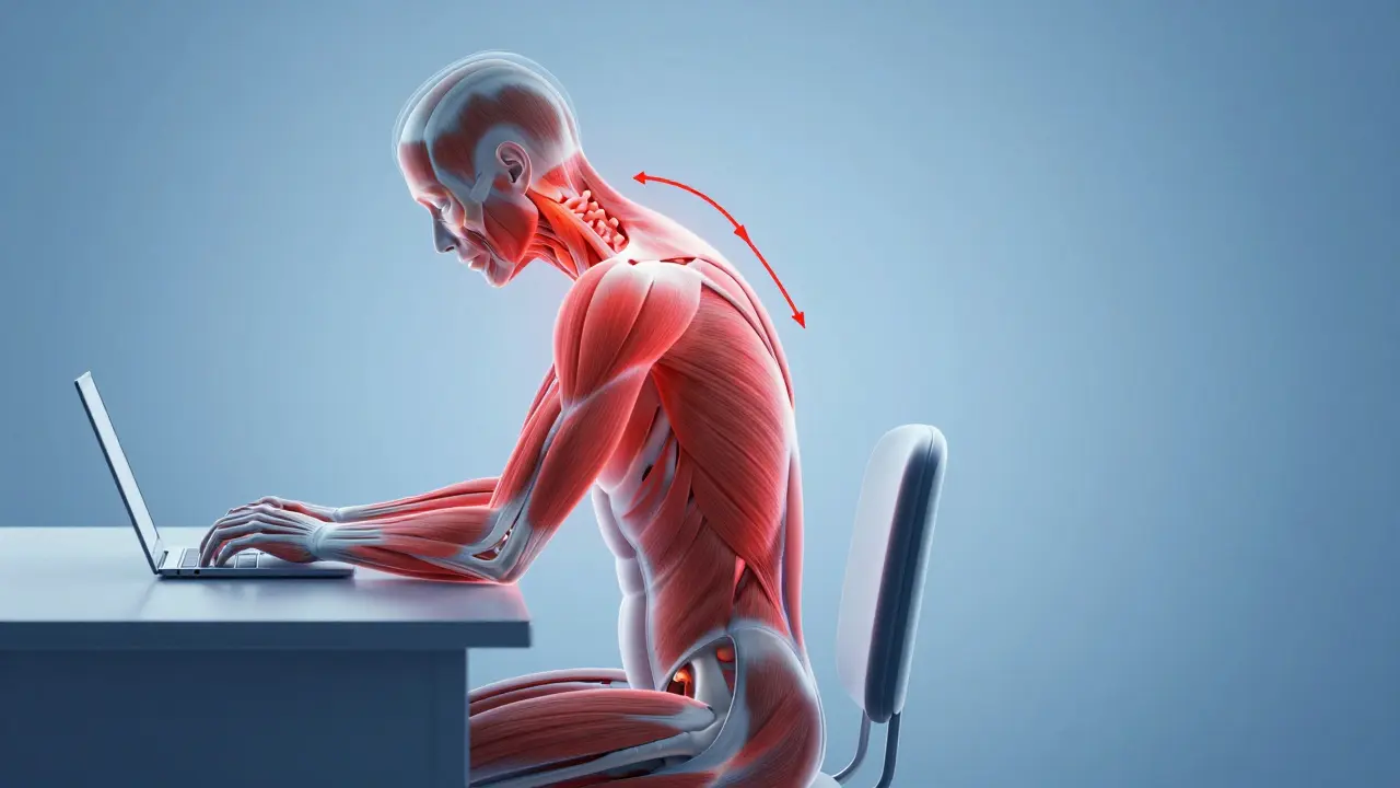 Illustration of muscle tension from poor desk posture