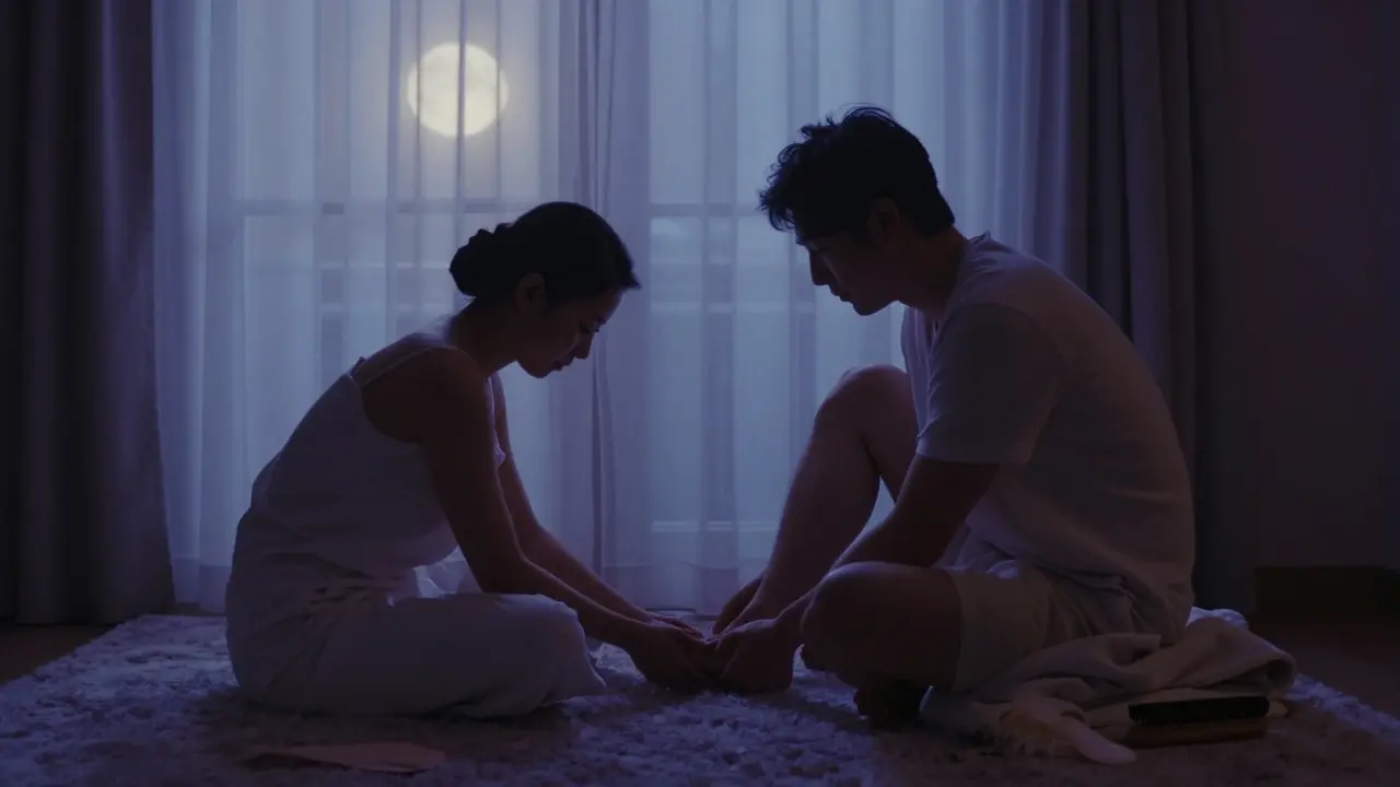 Intimate silhouette of a couple sharing a quiet moment in a softly lit room