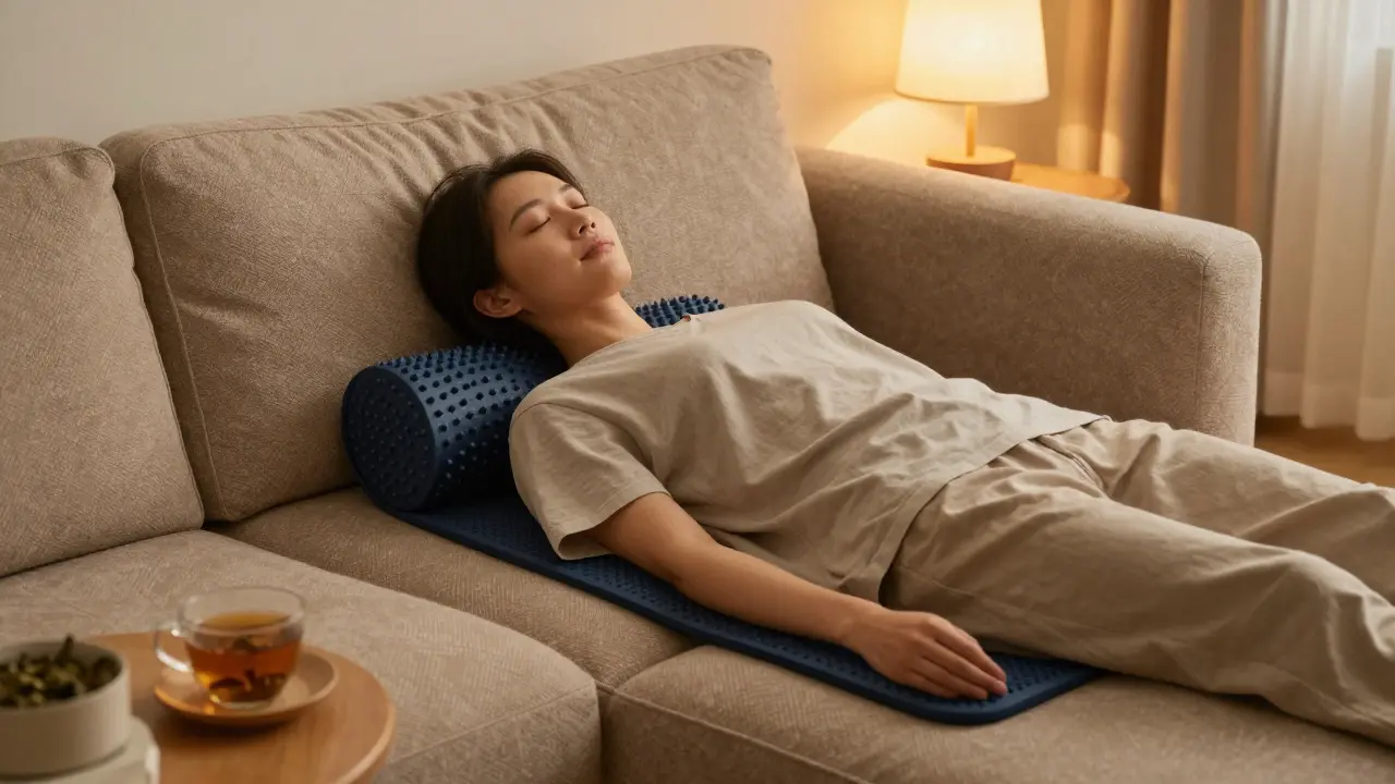 Person relaxing on an acupressure mat in a cozy, dimly lit living room