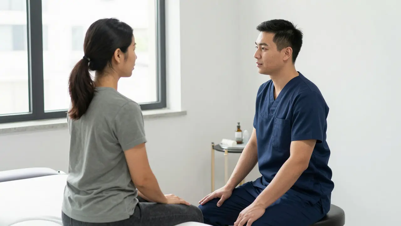 Therapist talking attentively with a client in a clinic