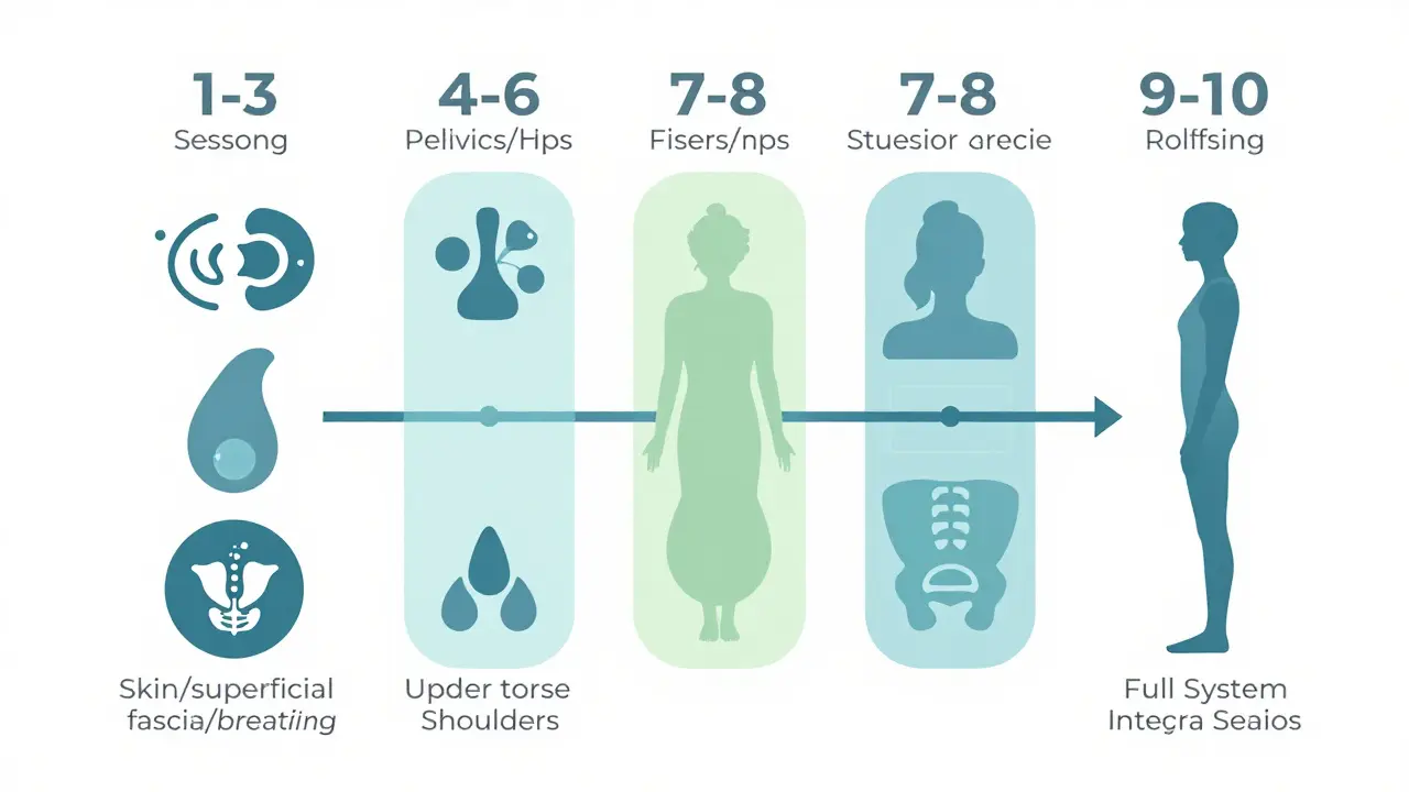A structured visual guide to the ten-session Rolfing protocol, showing the step-by-step progression from superficial layers to full bodily integration and improved posture.