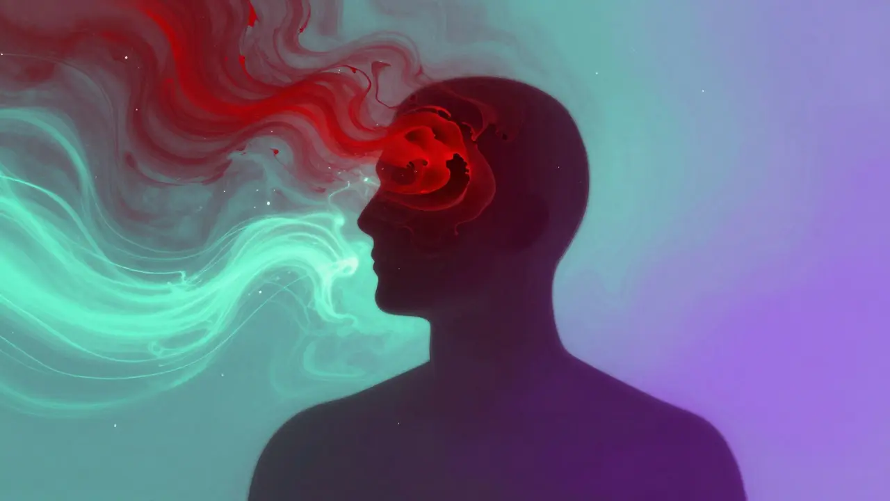 Abstract art depicting transition from stress to calm for migraine relief