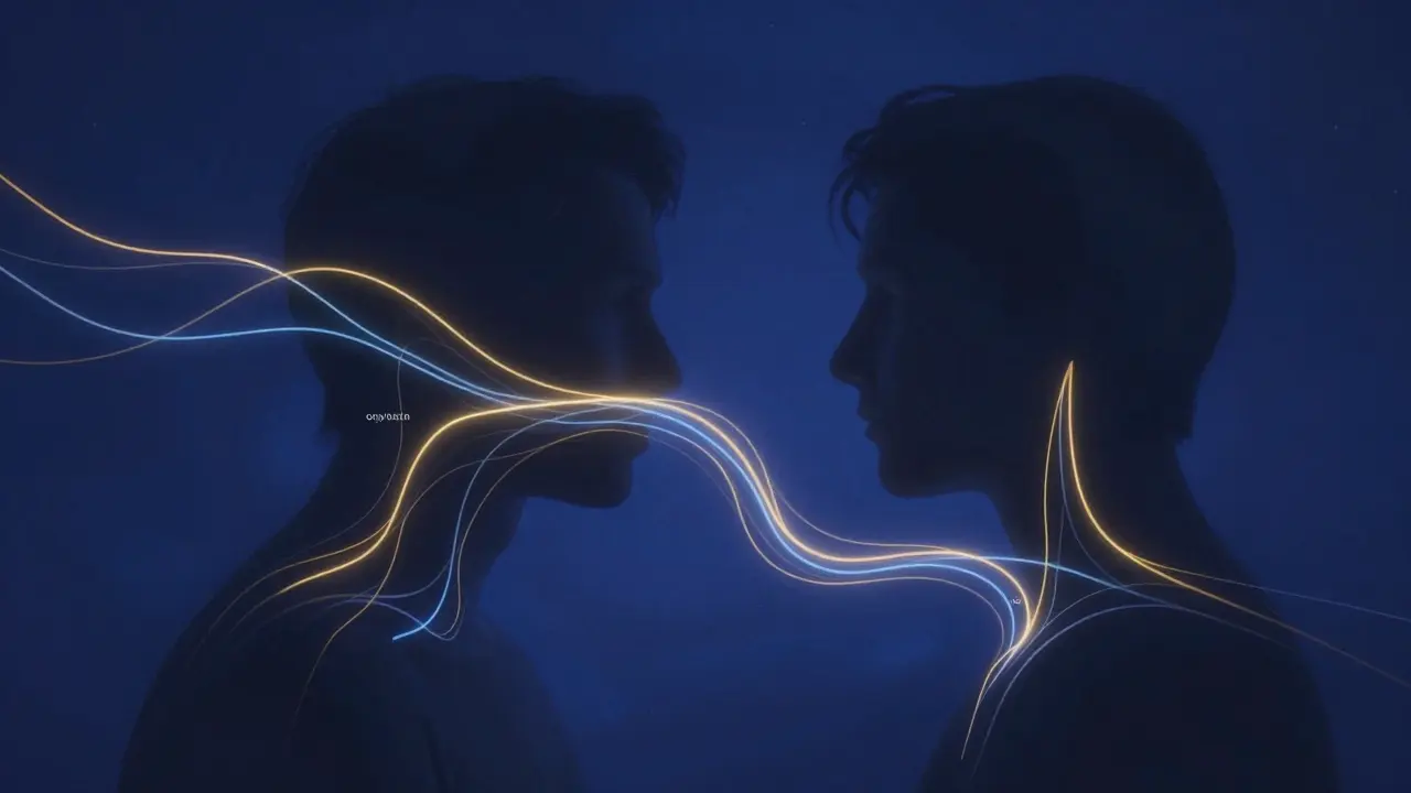 Abstract art showing glowing connection lines between two silhouettes