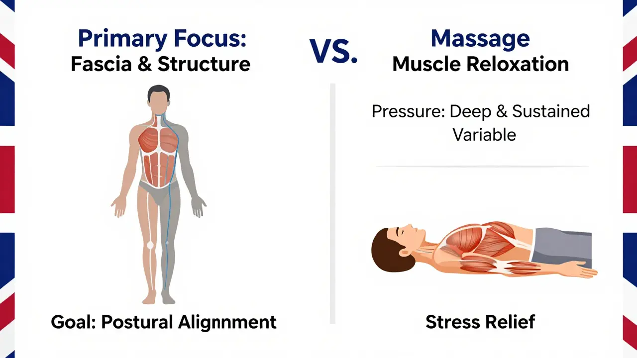 An educational comparison chart illustrating the differences between Rolfing and traditional massage, highlighting focus on fascia, pressure levels, and postural goals, with subtle British design accents.