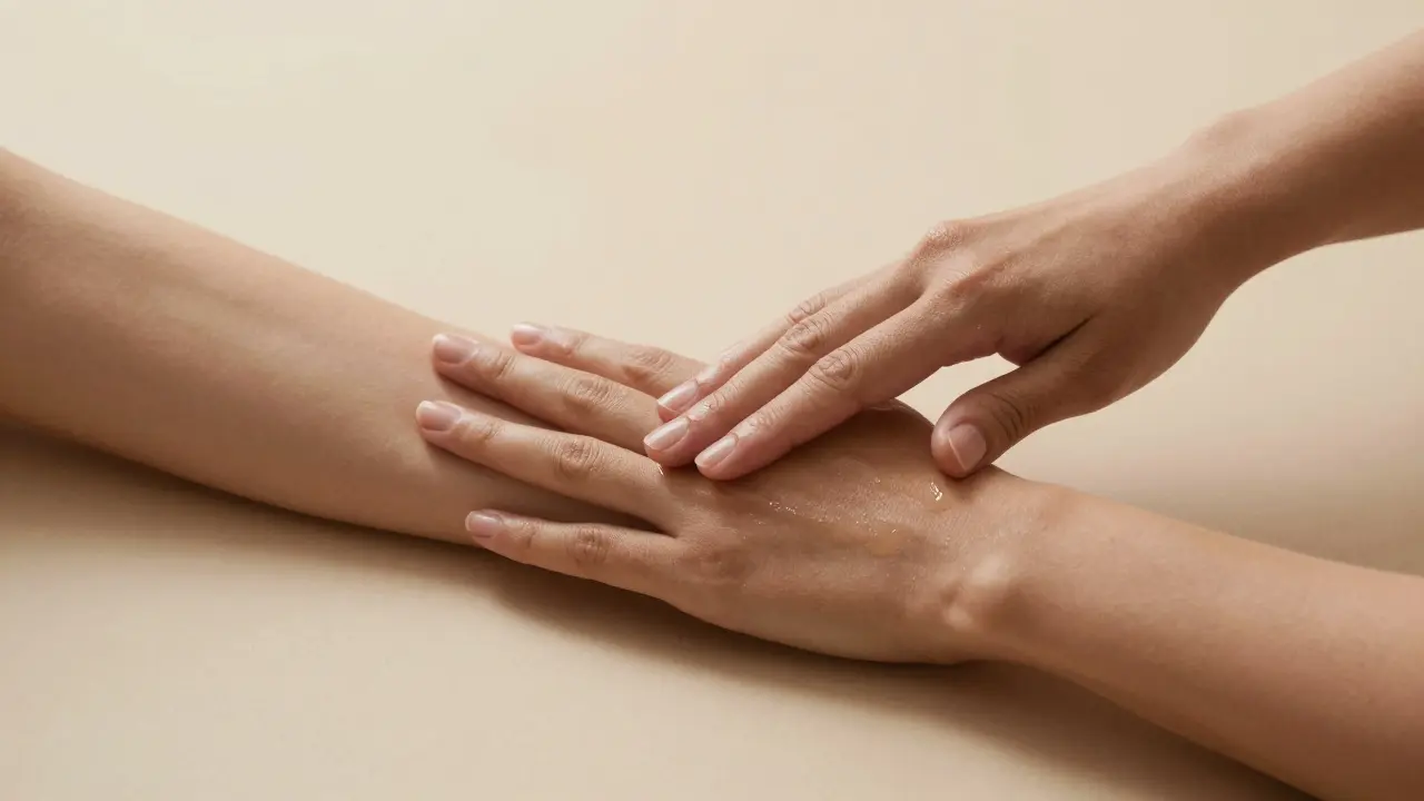 Close-up of hands applying massage oil, symbolizing gentle touch