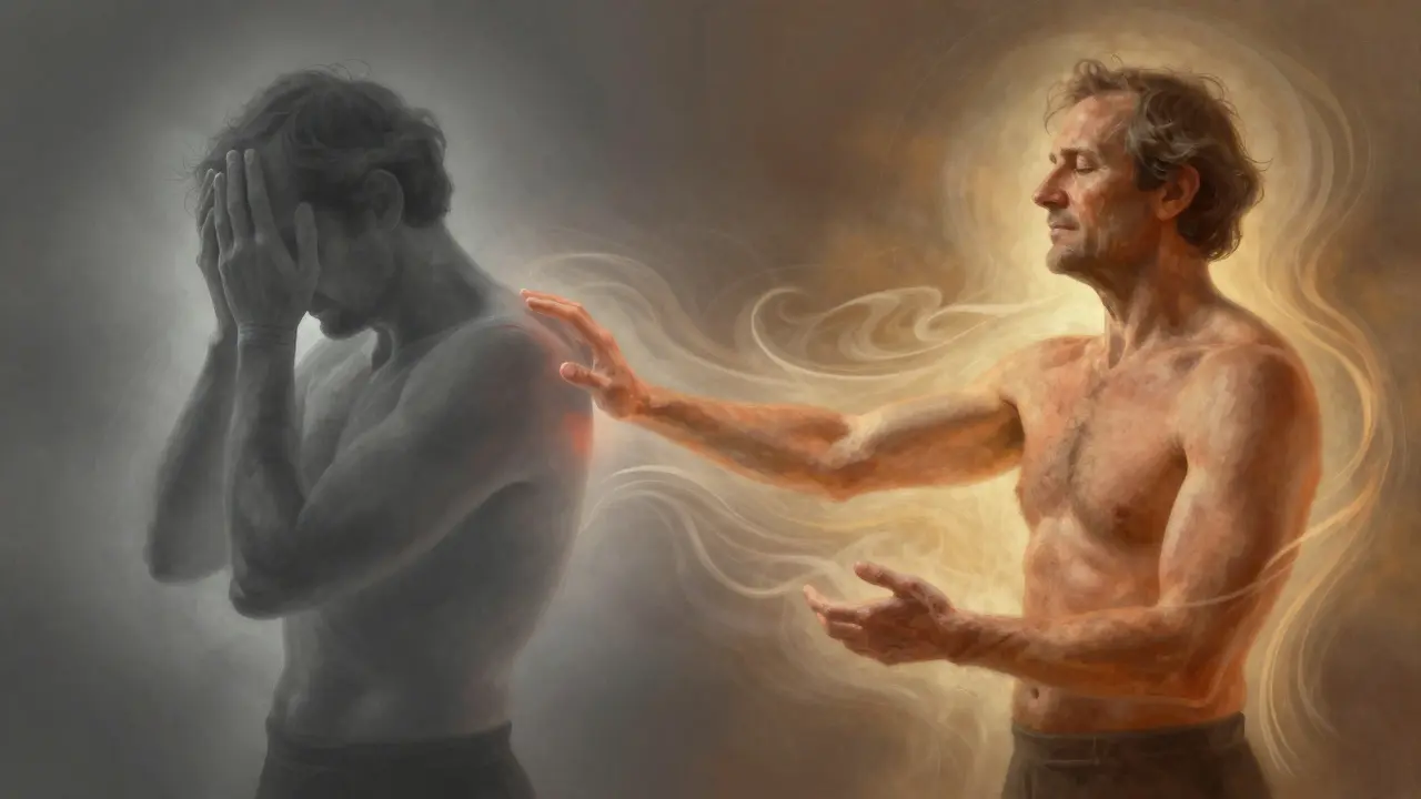 Conceptual art showing relief from chronic pain through gentle energy healing.