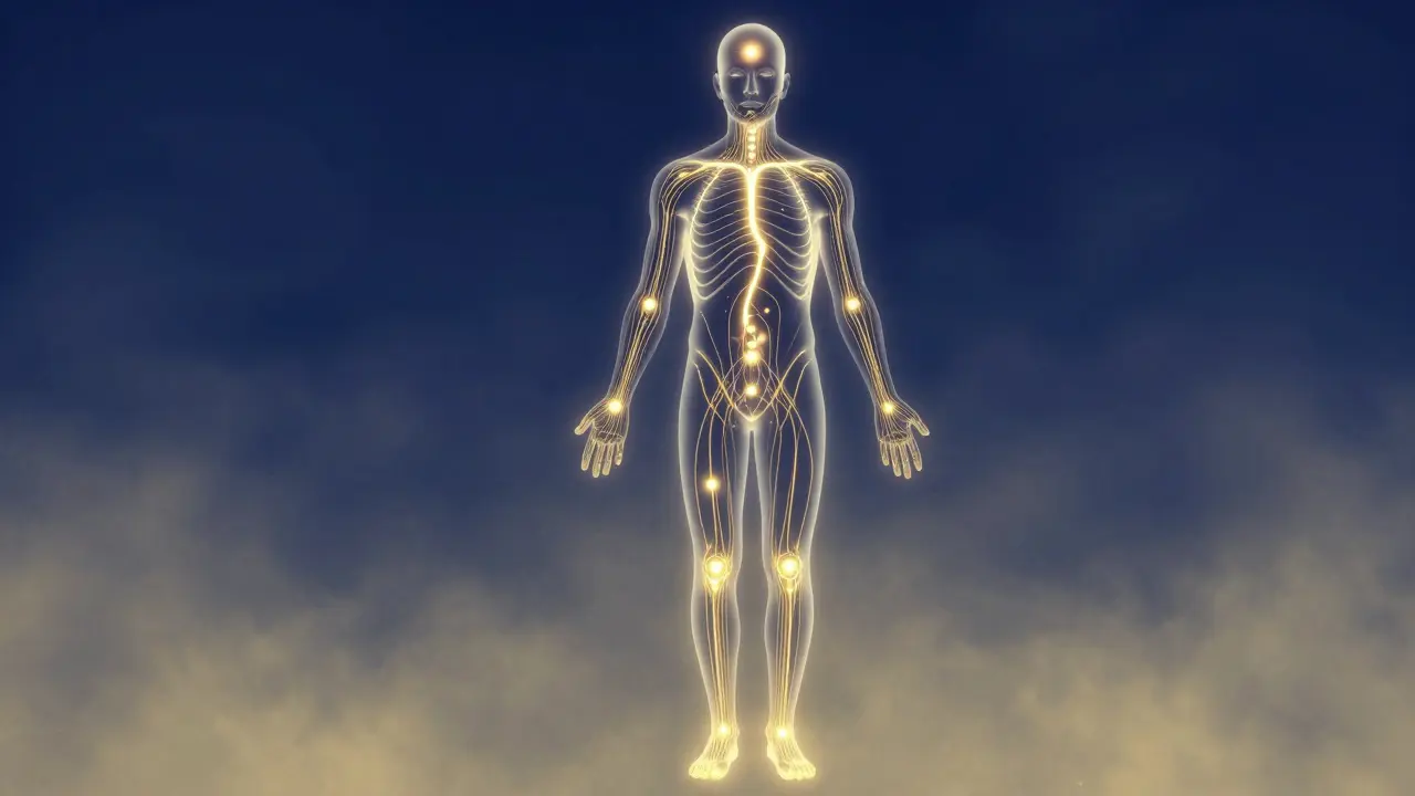 Glowing meridian lines on human silhouette showing energy flow