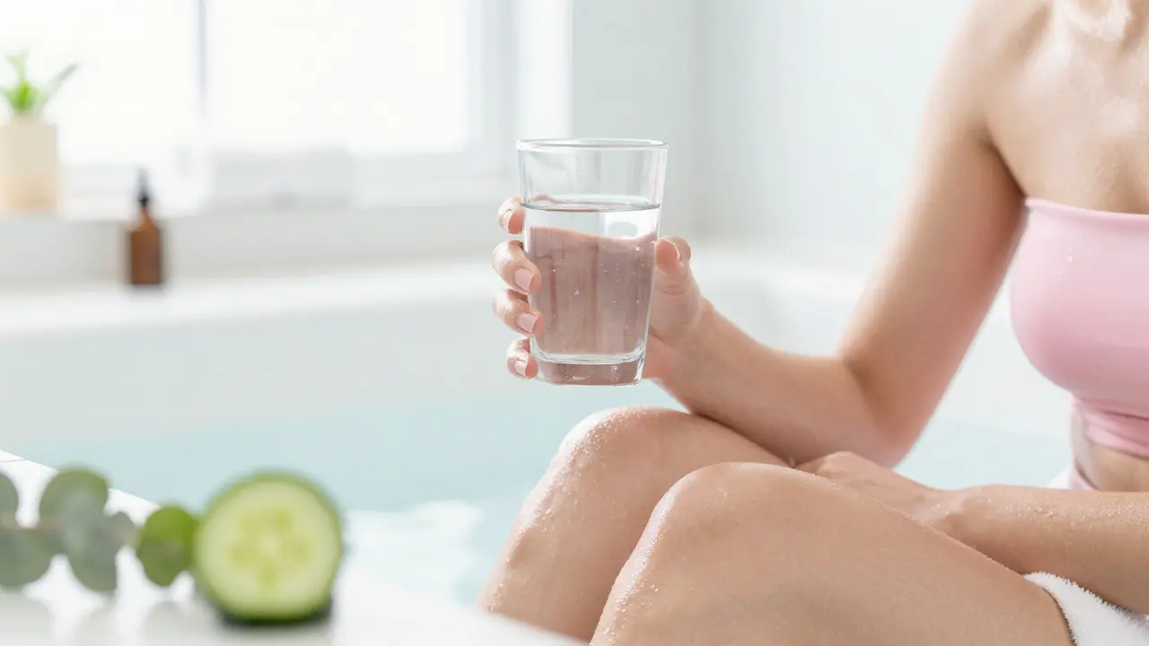 Glowing skin and water glass symbolizing post-hammam refreshment.