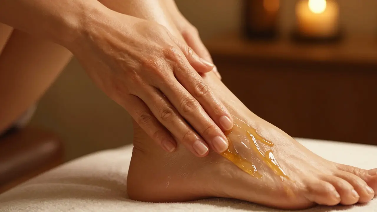 Hands massaging warm oil onto feet and ankles with upward strokes
