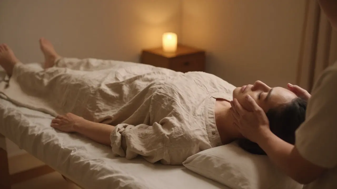 Person relaxing on a therapy table with hands gently resting on head and back