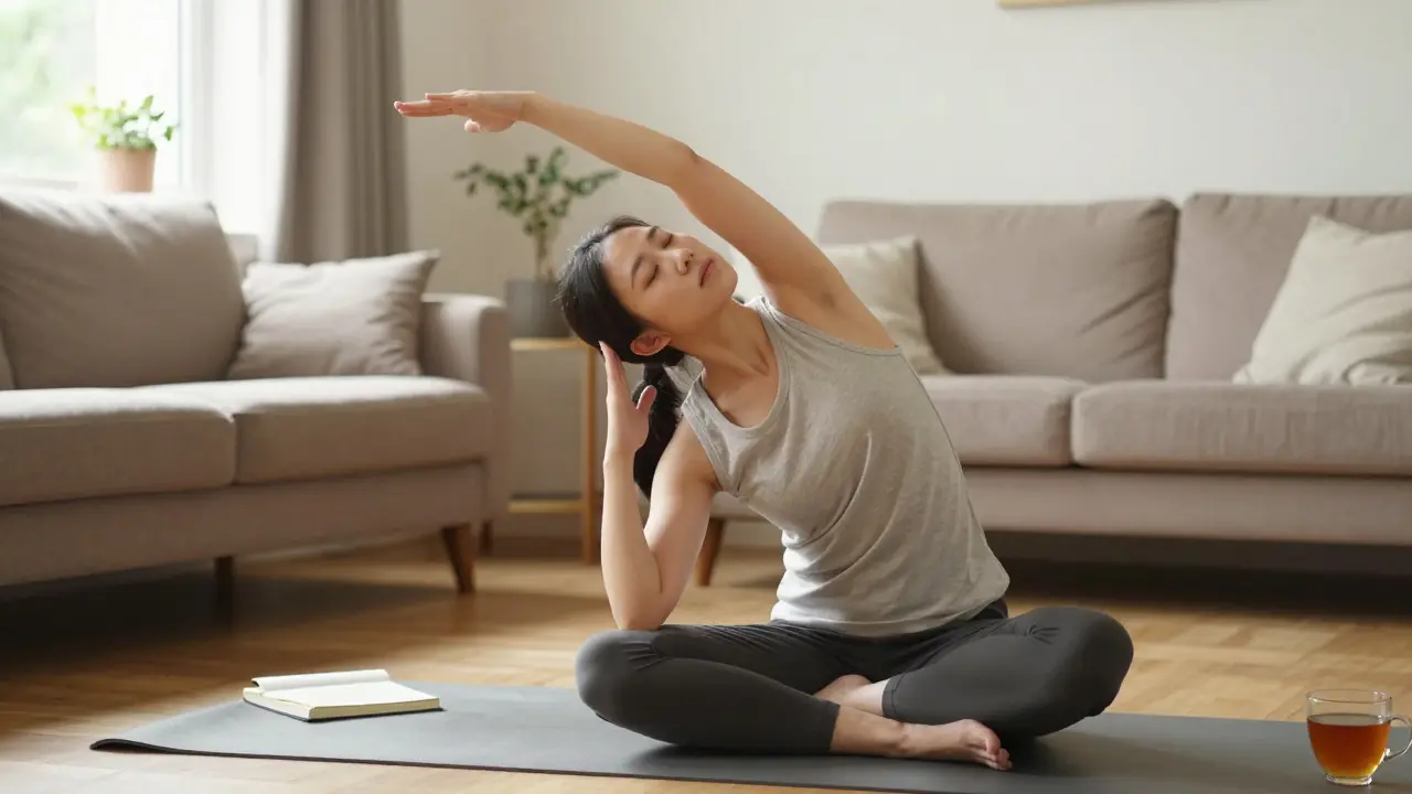 Relaxed person practicing side bend in sunny room