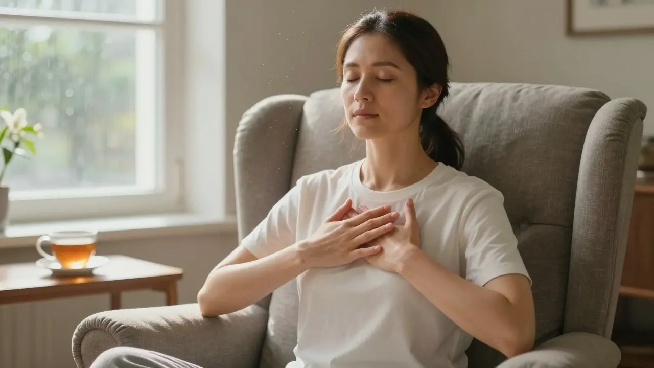 Woman practicing self-Breema breathing and hand strokes at home.