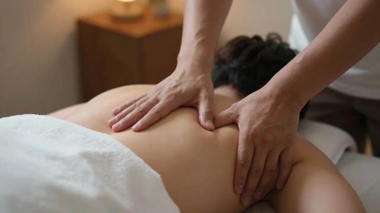 Close-up of therapist applying deep pressure to client's shoulder muscle