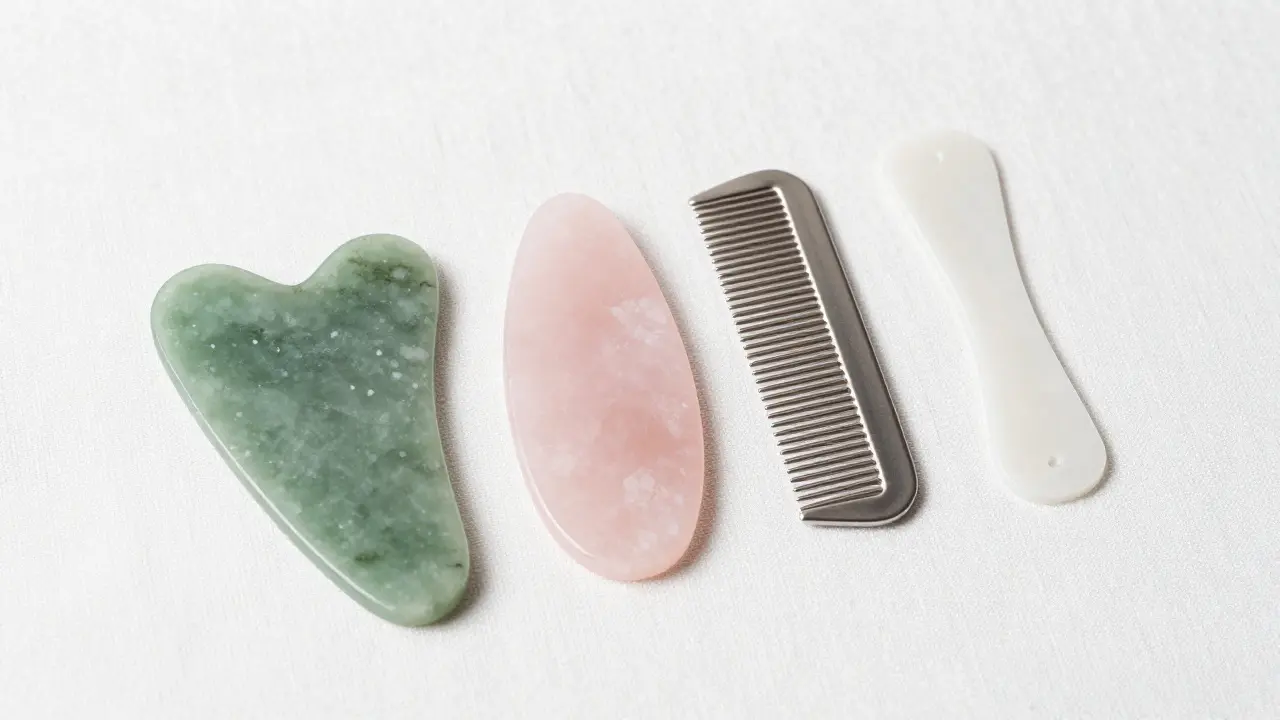 Collection of various Gua Sha tools made from jade, metal, and ceramic on linen