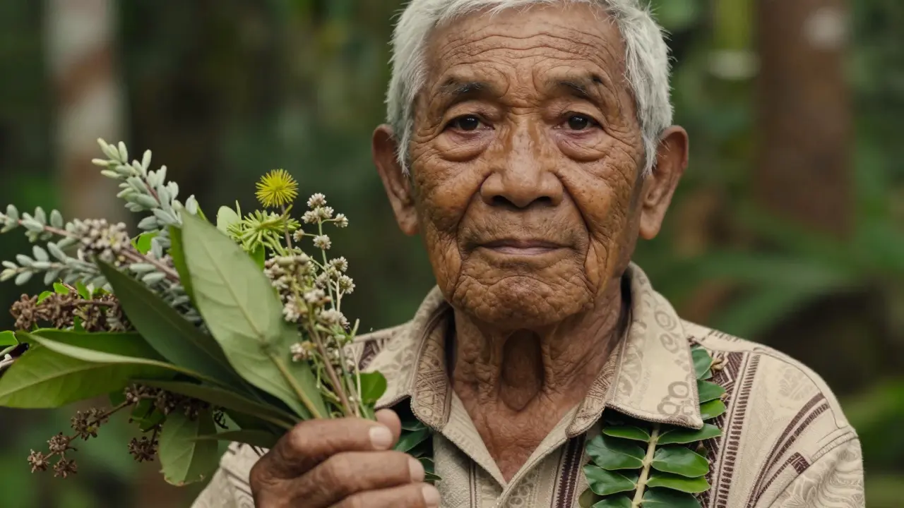 Elderly Hawaiian healer holding traditional medicinal herbs