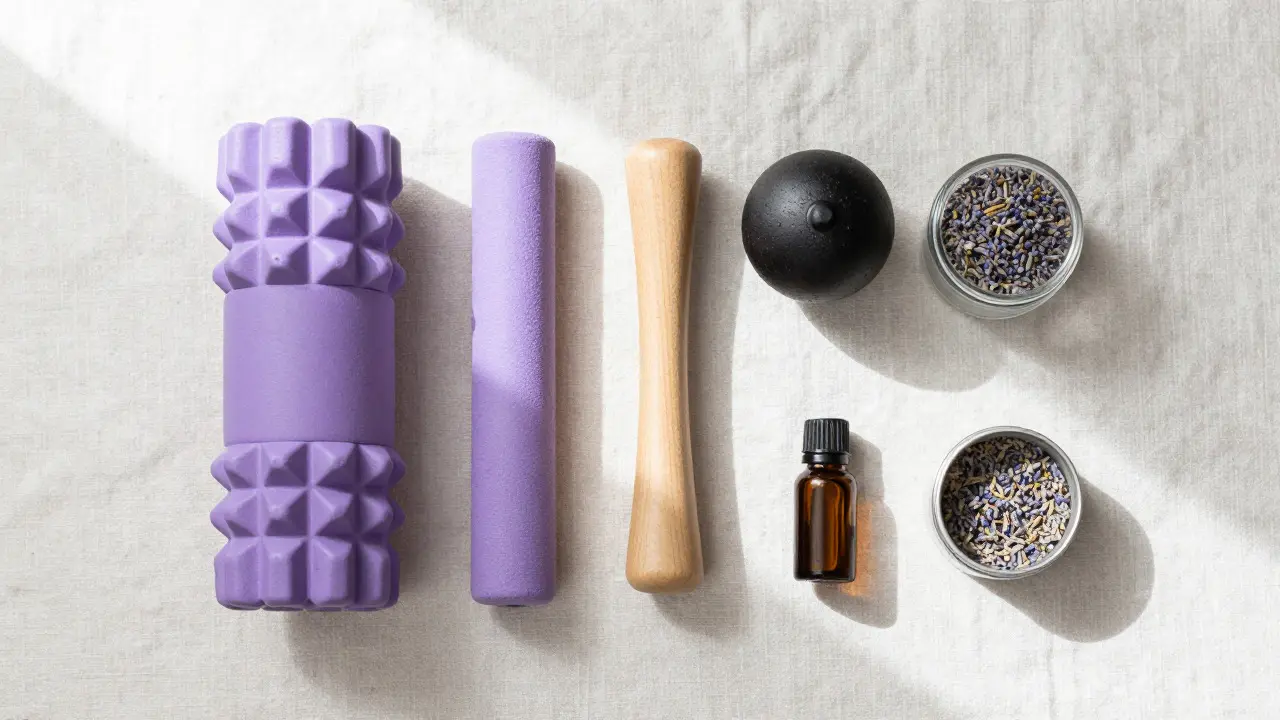Flat lay of foam roller, massage ball, and lavender for self-care ritual.