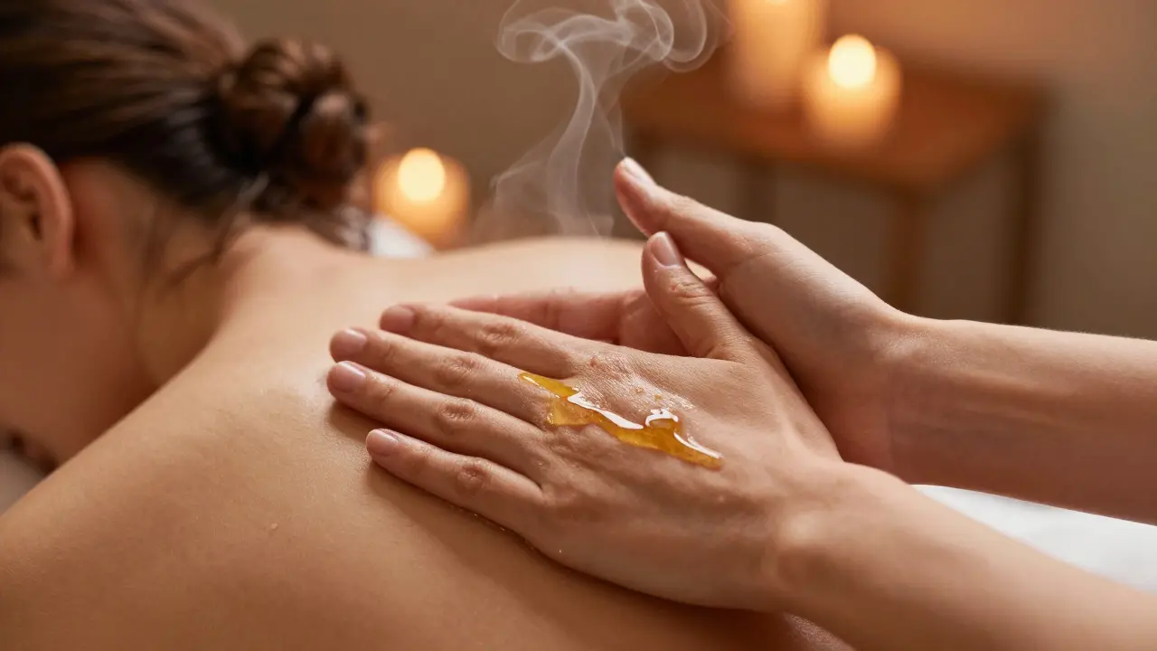 Hands rubbing massage oil together to warm it before application.