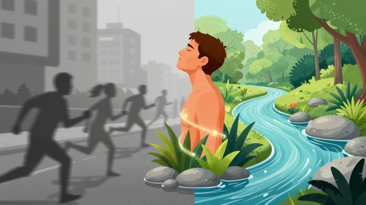Illustration contrasting urban chaos with natural healing
