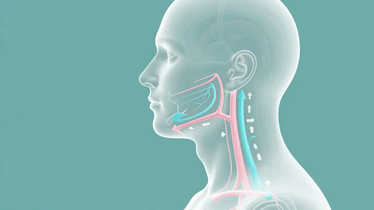 Illustration showing lymphatic drainage pathways and arrows on a human face profile