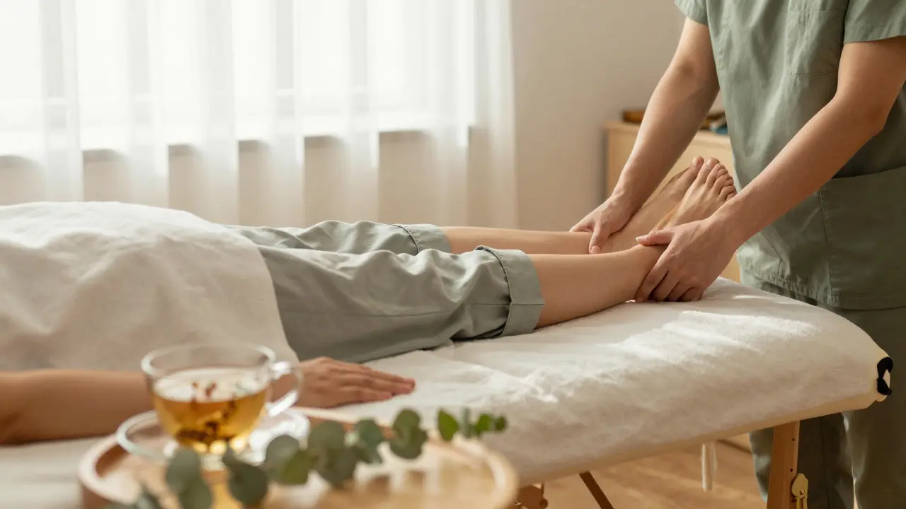Person relaxing on massage table in sunlit clinic