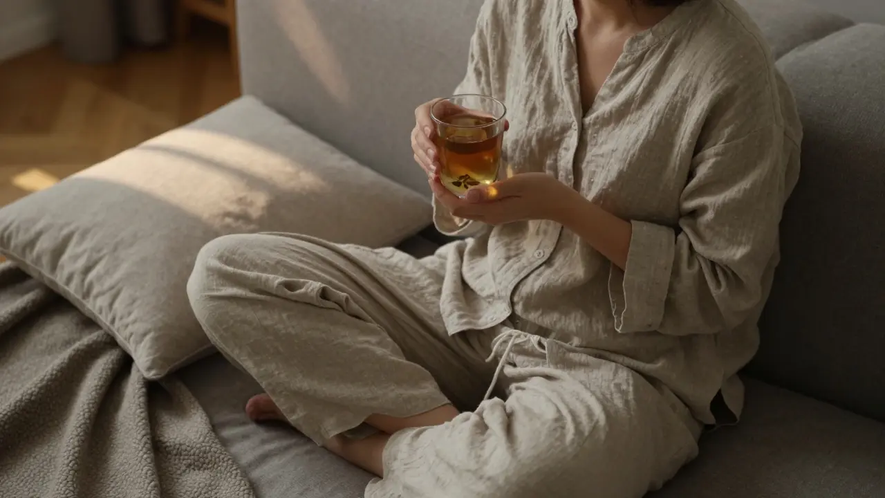 Person relaxing with tea in dimly lit room