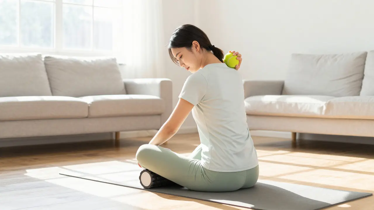 Person using foam roller and tennis ball for self-massage at home