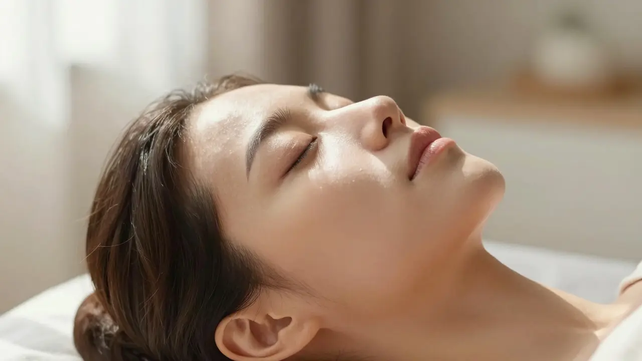 Serene woman with eyes closed in soft light, expressing deep relaxation