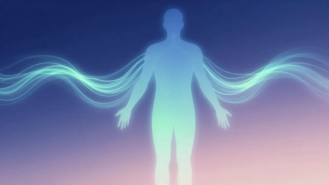 Abstract art of human figure with flowing light representing calm