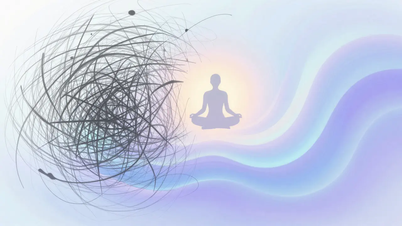 Abstract art showing chaotic grey lines transforming into calm blue waves around a seated figure