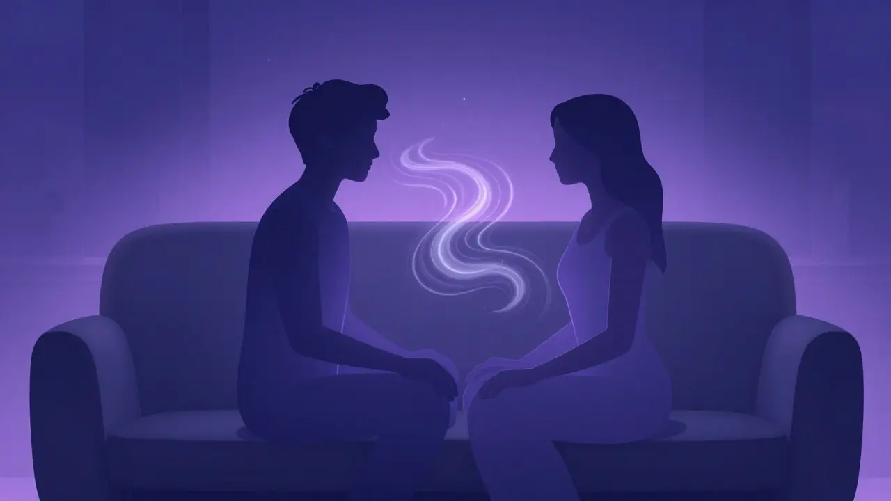 Abstract illustration of two connected figures representing intimacy and calm