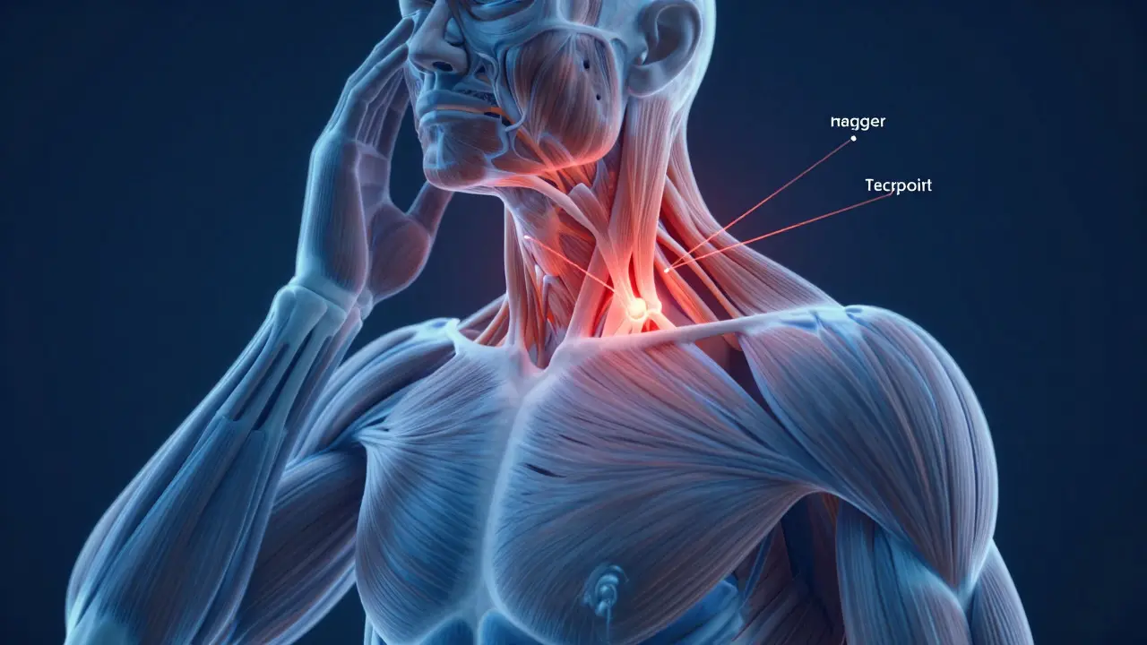 Anatomical illustration showing a glowing muscle trigger point