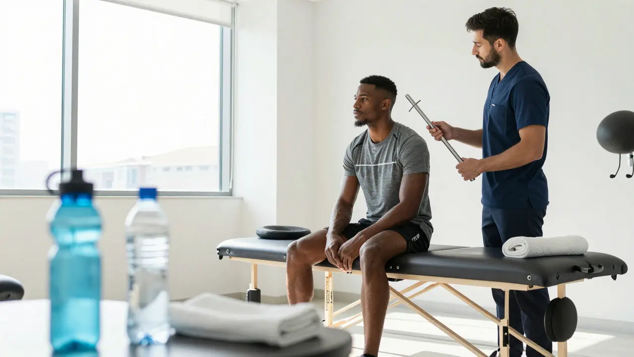 Athlete receiving instrument-assisted massage in clinic