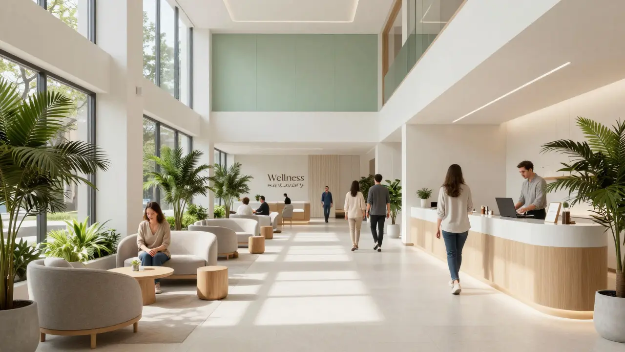 Bright, modern wellness center lobby with plants and people walking casually