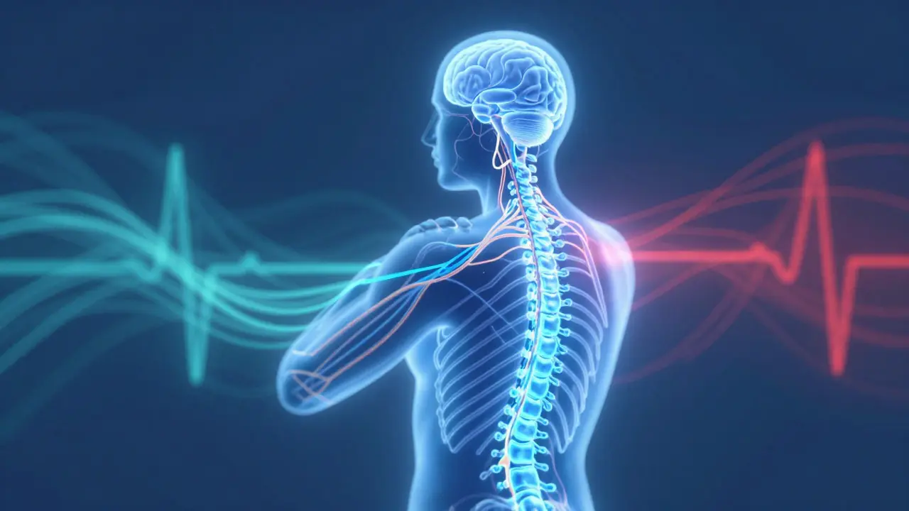 Conceptual art of a human figure with a calming blue aura representing stress relief
