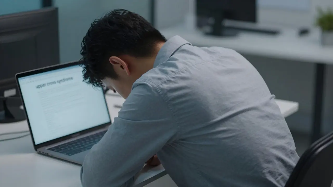 Office worker with slouched posture at a desk, highlighting shoulder tension